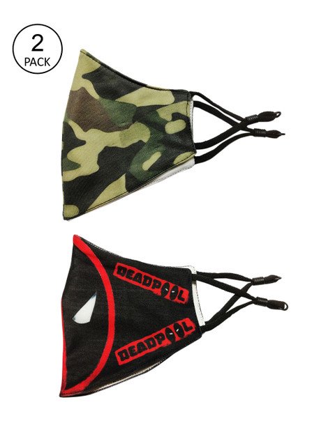 

TREEMODA Men Pack Of 2 Printed 3-Ply Deadpool & Camouflage Reusable Cloth Masks, Black
