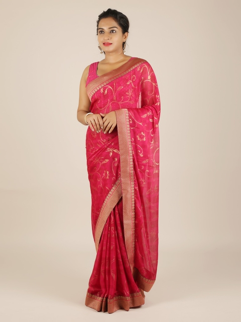 

Pothys Magenta & Gold-Toned Poly Chiffon Printed Saree