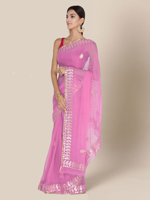 

Chhabra 555 Pink Embroidered Poly Chiffon Saree