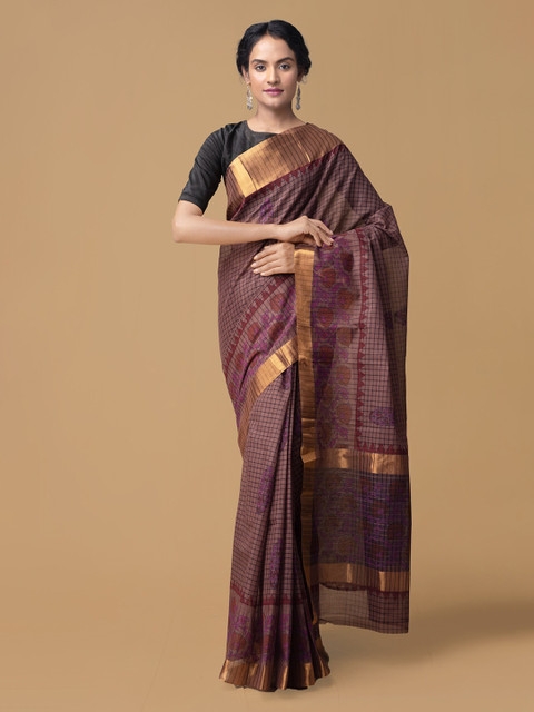 

Unnati Silks Brown Pure Cotton Checked Handloom Mangalagiri Sustainable Saree