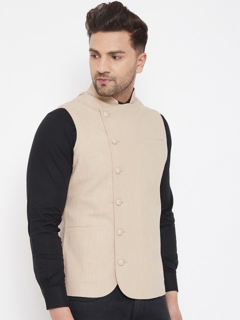 

Hypernation Men Beige Solid Nehru Jacket