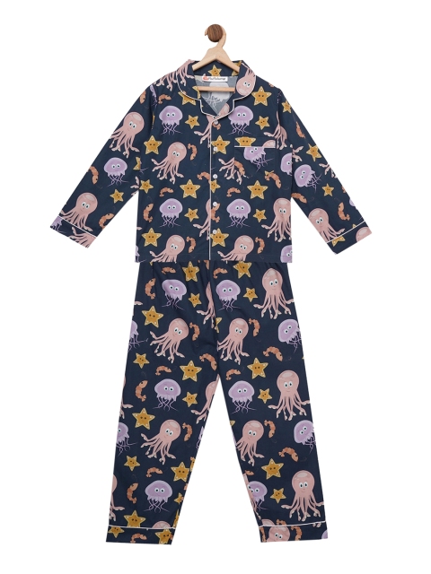 

Fluffalump Kids Navy Blue & Pink Printed Night Suit