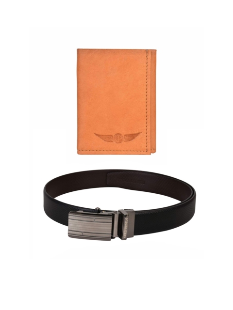 

CHRISTOPOLO Men Black & Tan Brown Leather Wallet & Reversible Belt Combo