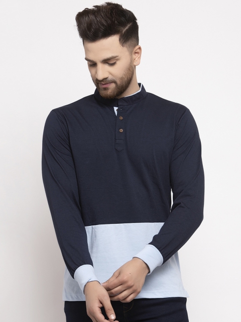 

Kalt Men Navy Blue & Sky Blue Colourblocked Henley Neck T-shirt