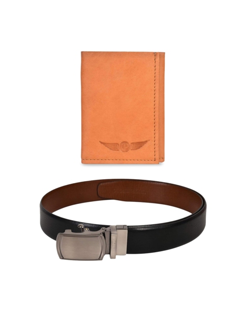 

CHRISTOPOLO Men Black & Tan Solid Leather Wallet & Reversible Belt Combo