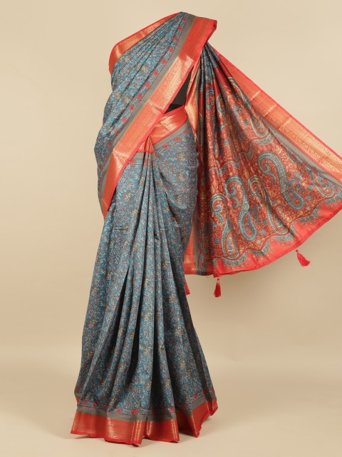 

Pothys Blue & Red Jute Silk Woven Design Saree with Zari Border
