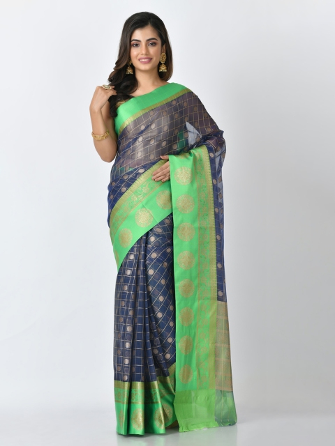 

RANGOLI Navy Blue & Green Organza Woven Design Saree