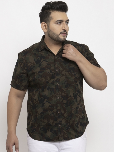 

plusS Men Brown & Olive Green Regular Fit Camouflage Printed Casual Shirt