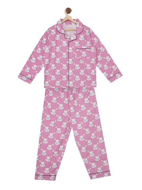 

Fluffalump Kids Pink & White Printed Night Suit