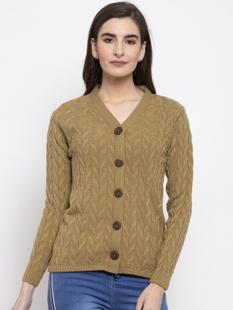 

Kalt Women Camel Brown Self Design Cardigan Sweater