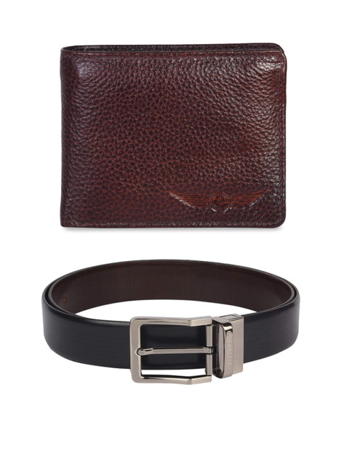 

CHRISTOPOLO Men Black & Brown Textured Leather Belt & Wallet