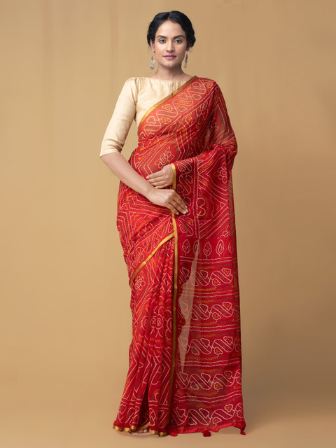 

Unnati Silks Red Pure Chiffon Dyed Bandhani Saree with Zari Border