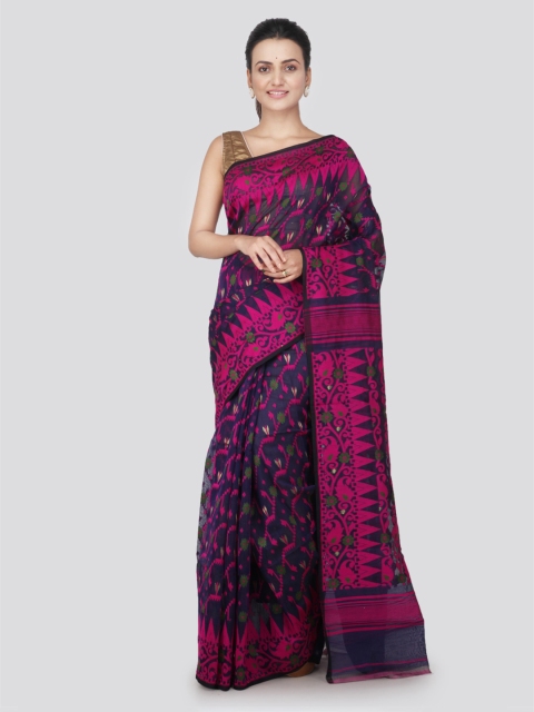 

PinkLoom Navy Blue & Pink Pure Cotton Woven Design Handloom Jamdani Sustainable Saree