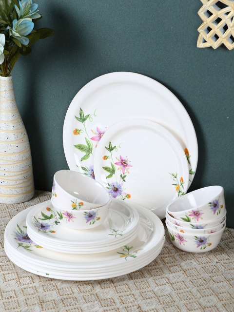 

Servewell Set Of 18 White & Pink Floral Printed Melamine Dinner Set