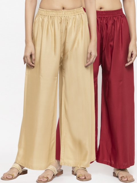 

NEUDIS Women Beige & Maroon Pack Of 2 Solid Wide Leg Palazzos