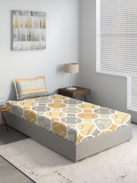 

DDecor Orange & Grey Geometric 144 TC Cotton 1 Single Bedsheet with 1 Pillow Covers