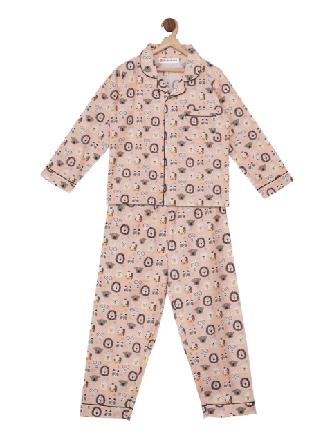 

Fluffalump Kids Peach-Coloured & Brown Printed Night Suit