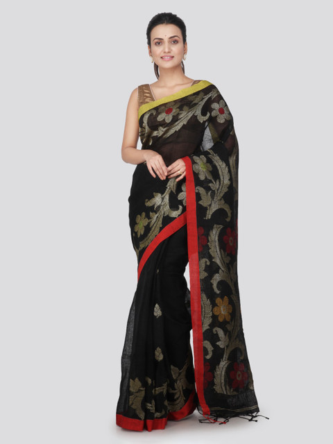 

PinkLoom Black Linen Blend Woven Design Handloom Jamdani Saree