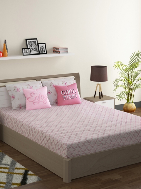 

SWAYAM Pink & White Geometric 210 TC Cotton 1 Queen Bedsheet with 2 Pillow Covers