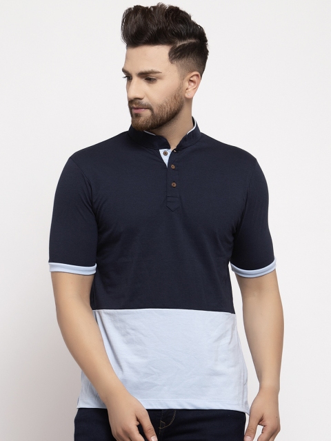 

Kalt Men Blue Colourblocked Mandarin Collar T-shirt
