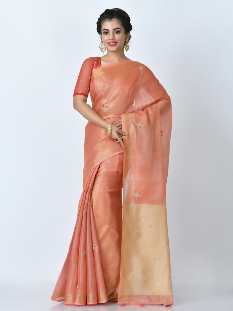 

RANGOLI Peach-Coloured Solid Tissue Saree