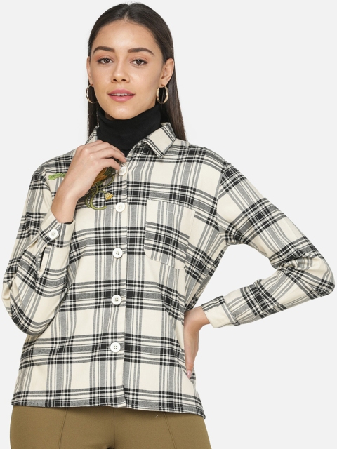 

DECHEN Women Off-White Regular Fit Checked Casual Shirt