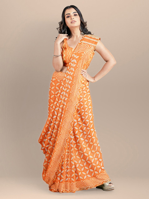

BharatSthali Orange & White Pure Cotton Printed Block Print Saree