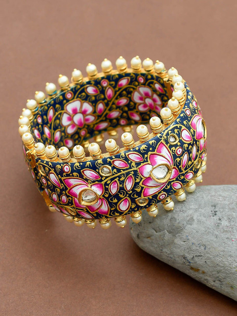 

Imittire Gold-Plated & Pink Traditional Kundan Polki & Meenakari Cuff Bracelet