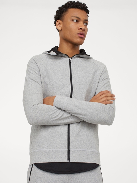 

H&M Men Grey Solid Cotton Sports Hoodie Muscle Fit