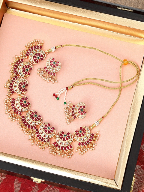 

Yellow Chimes Gold-Plated Red & White Stone-Studded Beaded Handcrafted Jewellery Set