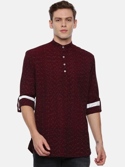

ROLLER FASHIONS Men Maroon Ikat Printed Cotton Straight Kurta