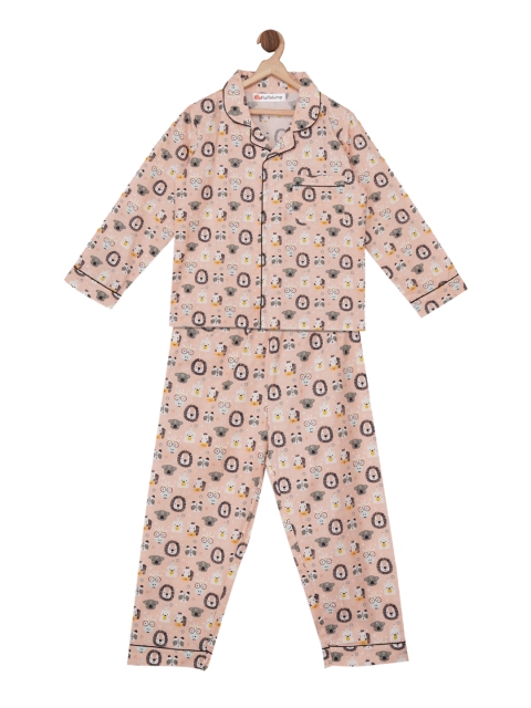

Fluffalump Kids Peach-Coloured & Brown Printed Night Suit