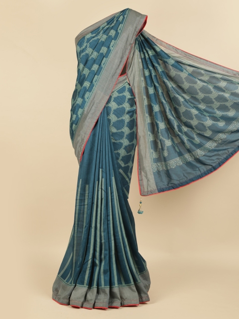 Pothys Teal Printed Jute Silk Saree