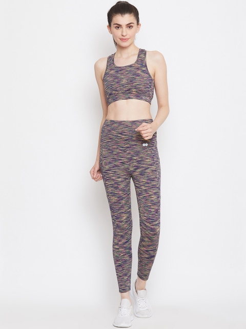 Clovia Women Blue & Pink Printed Tights & Padded Sports Bra Clothing Set