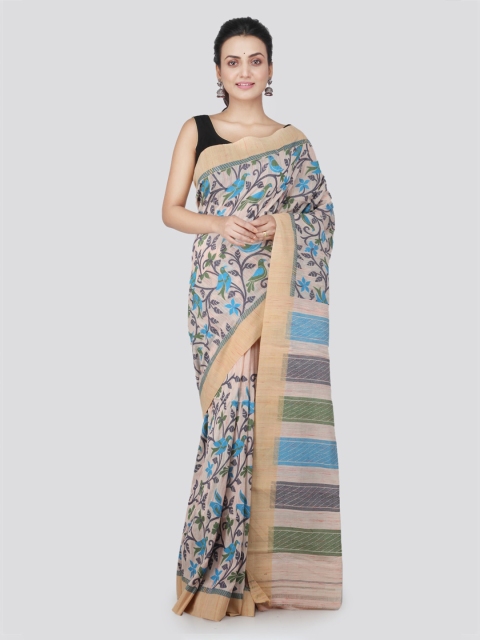 

PinkLoom Beige & Blue Cotton Blend Woven Design Jamdani Saree