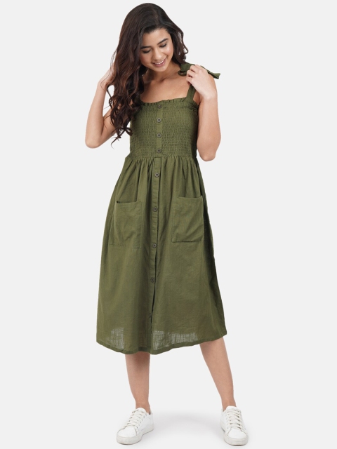 

JAAIVE Women Olive Green Solid Fit and Flare Dress