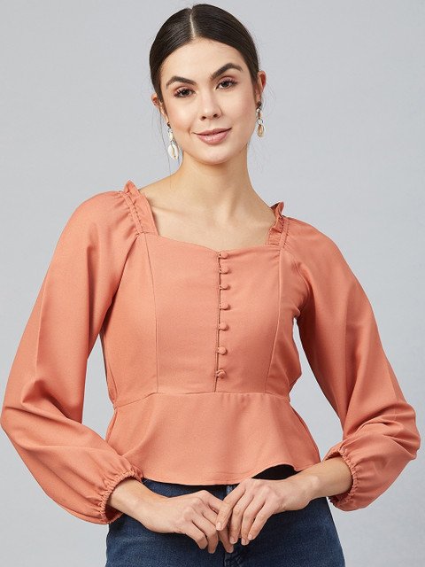 

Marie Claire Women Peach-Coloured Solid Peplum Top