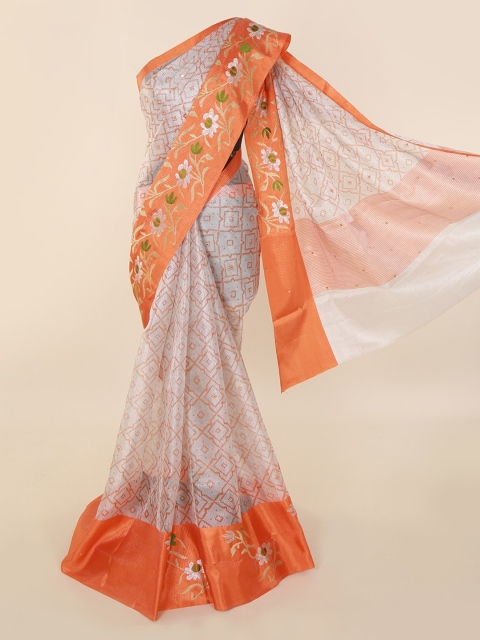 

Pothys Silver-Toned & Orange Tissue Printed Saree
