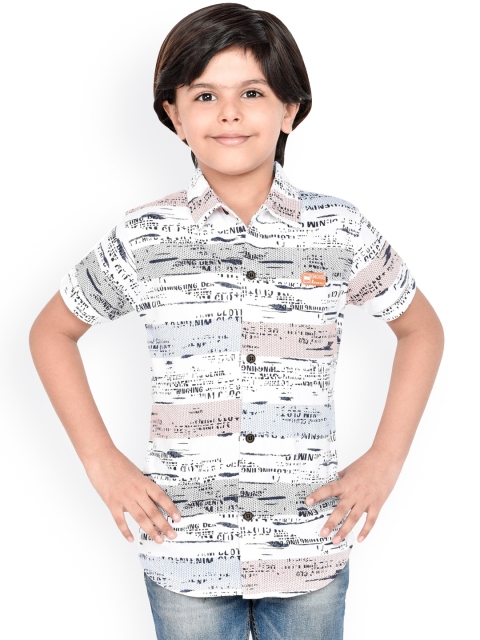 

ORANGE PUMPKKIN Boys White & Navy Blue Slim Fit Printed Casual Shirt
