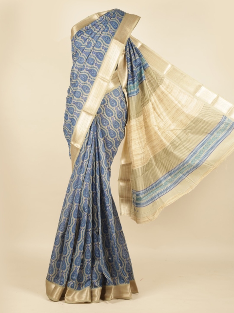 

Pothys Blue Printed Jute Silk Saree with Zari Border