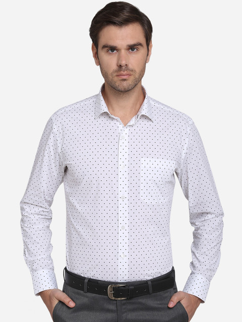 

METAL Men White & Navy Blue Slim Fit Printed Formal Cotton Shirt