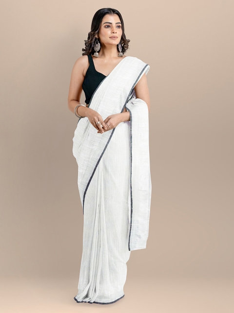 

BharatSthali White Pure Cotton Solid Maheshwari Saree