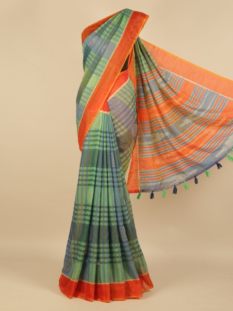 

Pothys Green & Blue Jute Silk Checked Saree with Jhalar Pallu