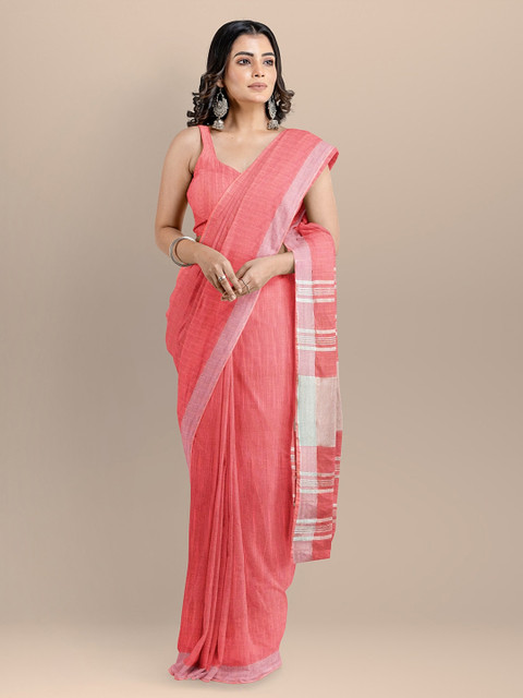 

BharatSthali Pink Pure Cotton Solid Mangalagiri Handloom Saree with Zari Border