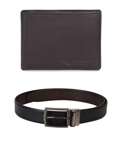 

CHRISTOPOLO Men Black and Brown Leather Wallet & Belt Combo