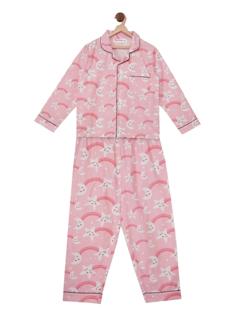 

Fluffalump Kids Pink & White Moonstruck Printed Night Suit