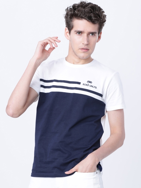 

Ecko Unltd Men White & Navy Blue Colorblocked Round Neck T-shirt