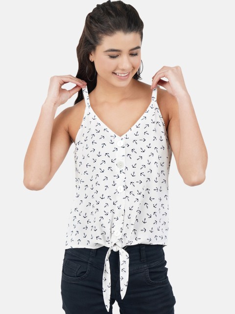 

JAAIVE Women White & Navy Blue Printed Tank Top