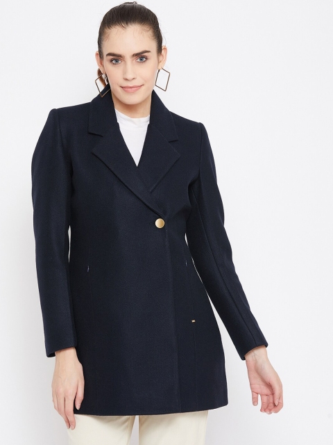 

Okane Women Navy Blue Solid Hip-Length Overcoat