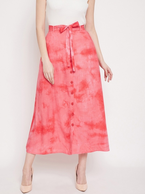 

LUCERO Women Pink & White Tie & Dye Printed A-Line Midi Skirt With Belt